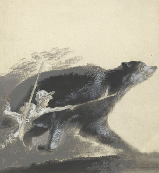 Figure 47: Original illustration of Johnny Orchard and the bear from The Biggest Bear by Lynd Ward